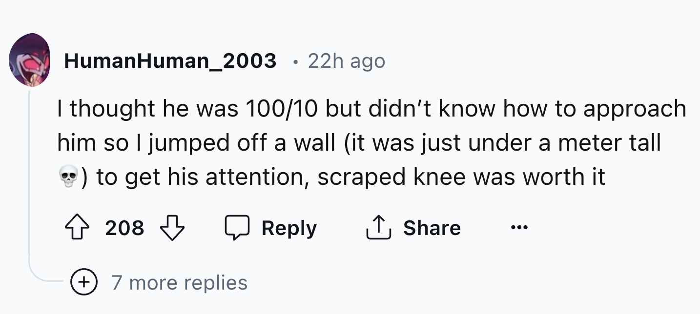 circle - HumanHuman_2003 22h ago I thought he was 10010 but didn't know how to approach him so I jumped off a wall it was just under a meter tall to get his attention, scraped knee was worth it 208 7 more replies